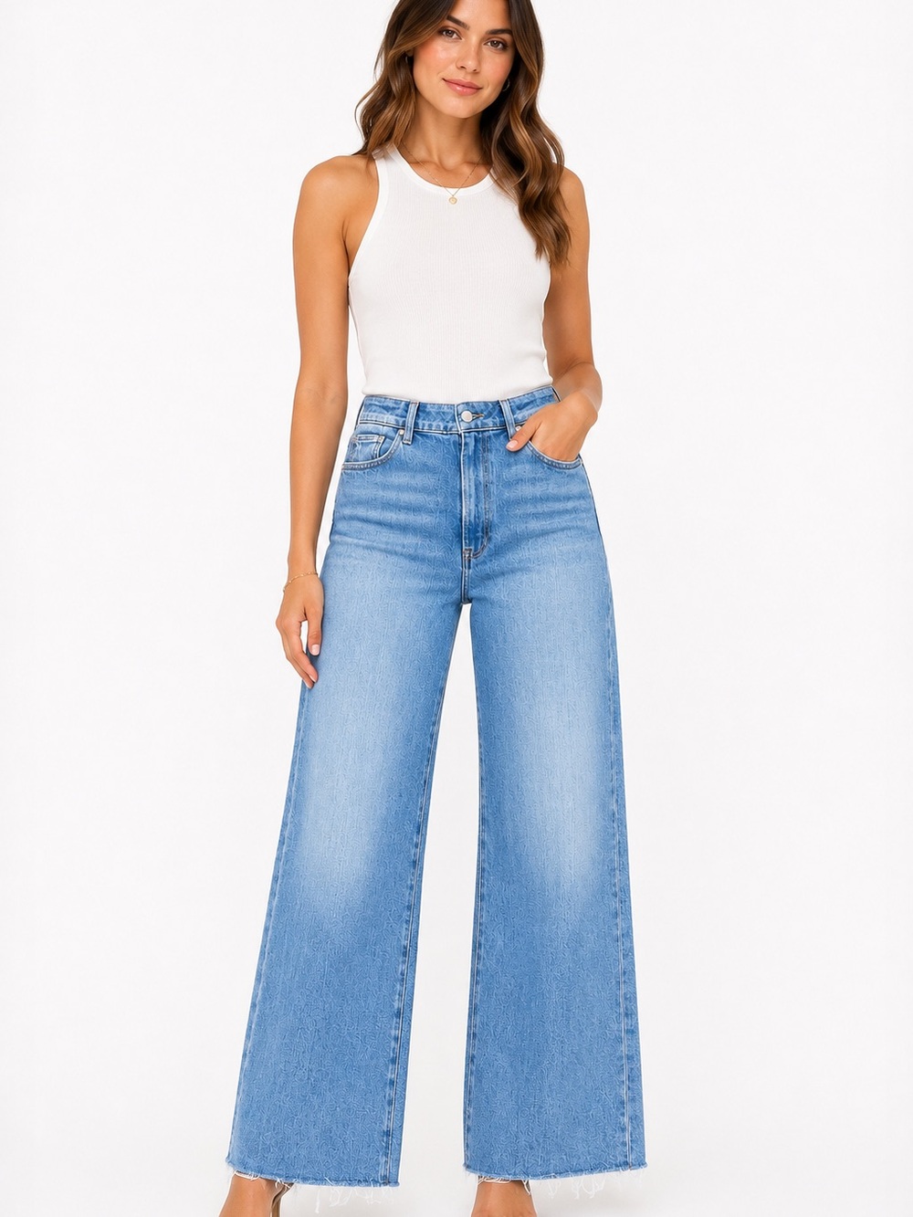 PAIGE Anessa Wide Leg Jeans Light Wash High Rise Raw Hem Size 30